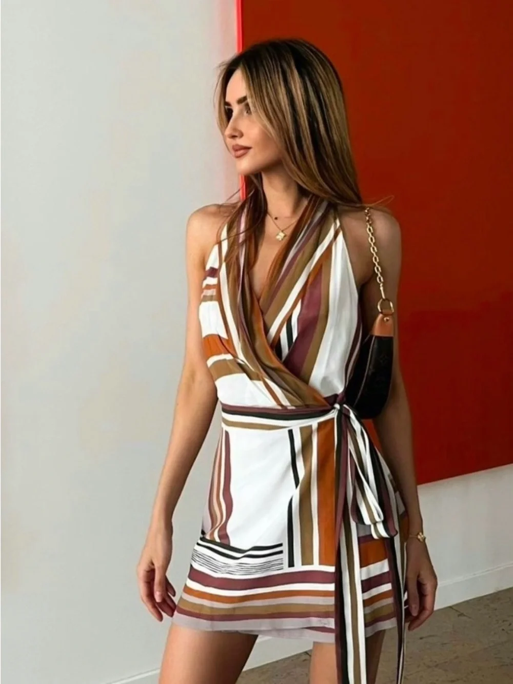 SIR the label Striped Halter Wrap Mini Dress in Rust, Cream & Mauve - Picture 6 of 8